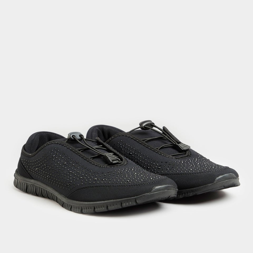 Yours Black Embellished Drawcord Trainers In Wide E Fit