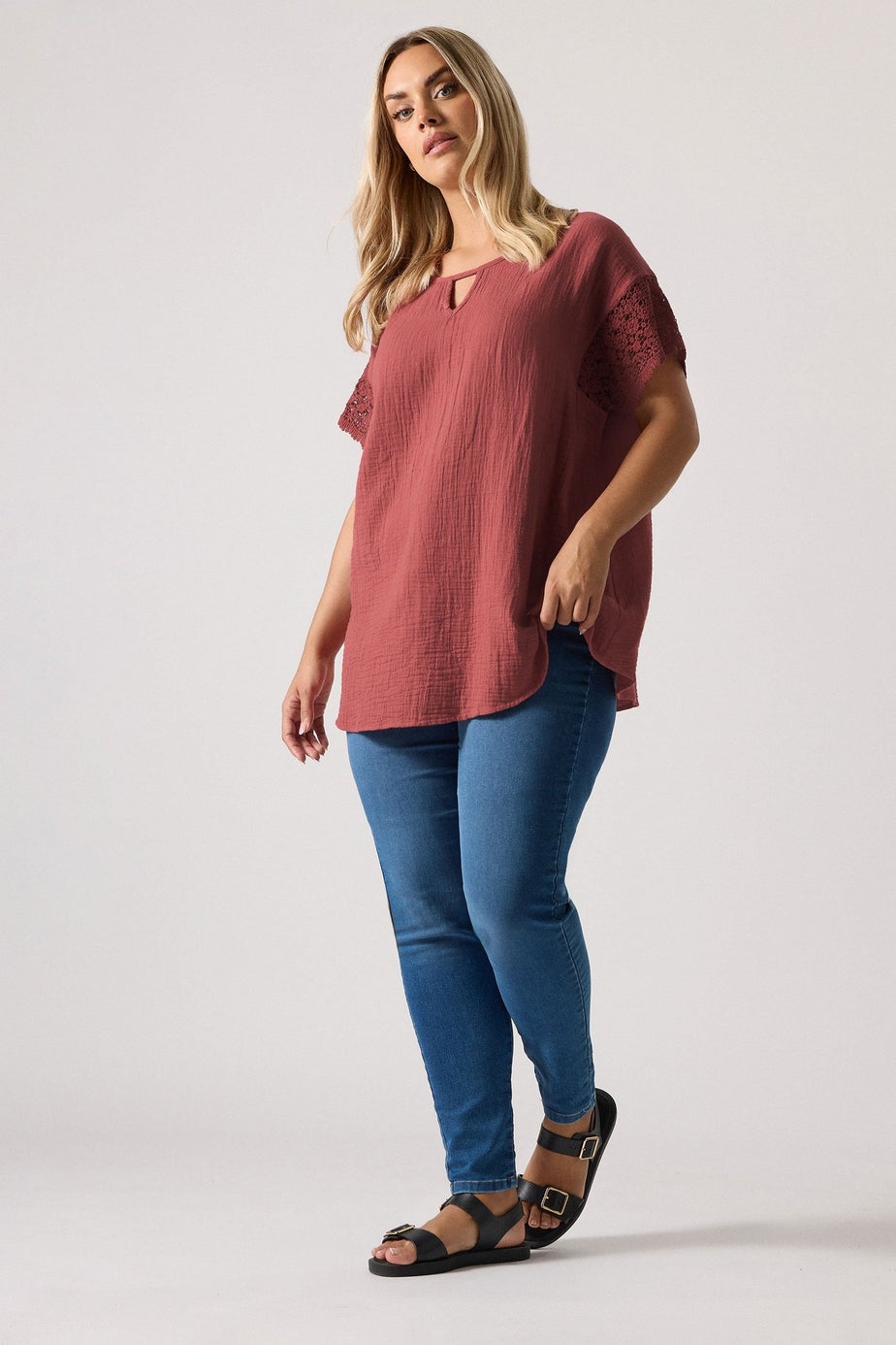 Yours Curve Rust Orange Cheesecloth Crochet Top