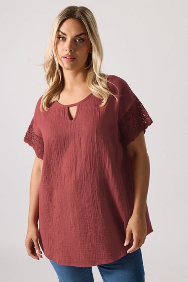 Yours Curve Rust Orange Cheesecloth Crochet Top