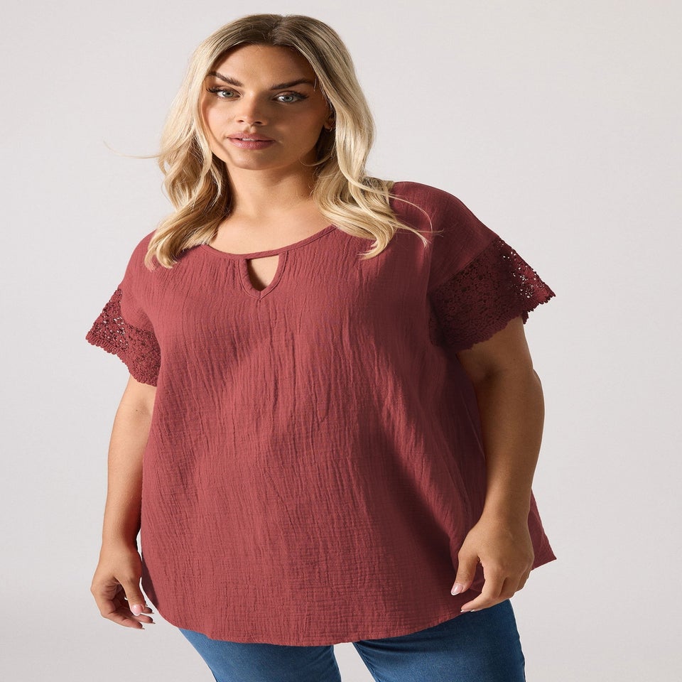 Yours Curve Rust Orange Cheesecloth Crochet Top