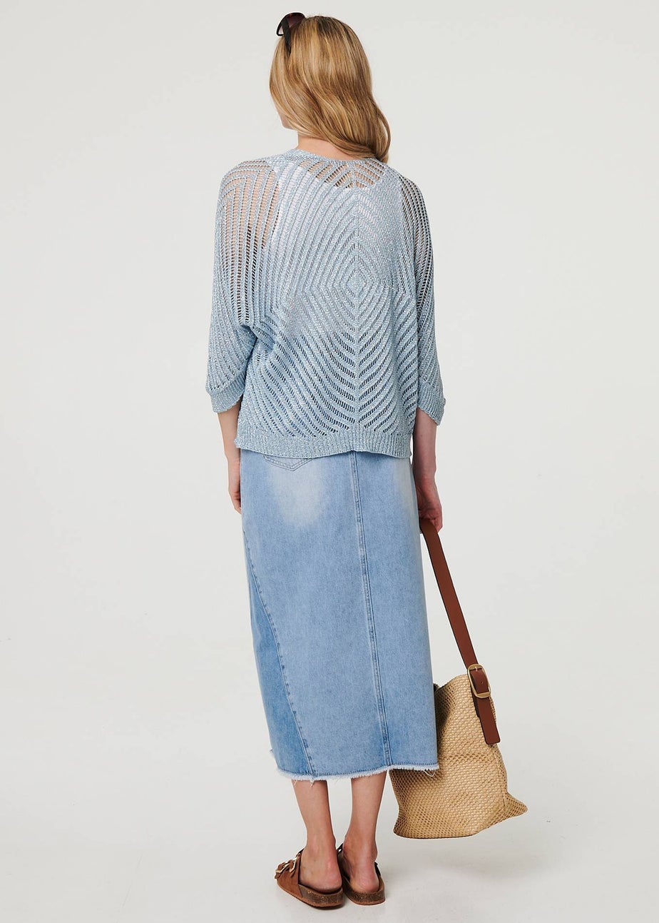 Izabel London Blue Sheer Mesh Texture 3/4 Sleeve Cardigan