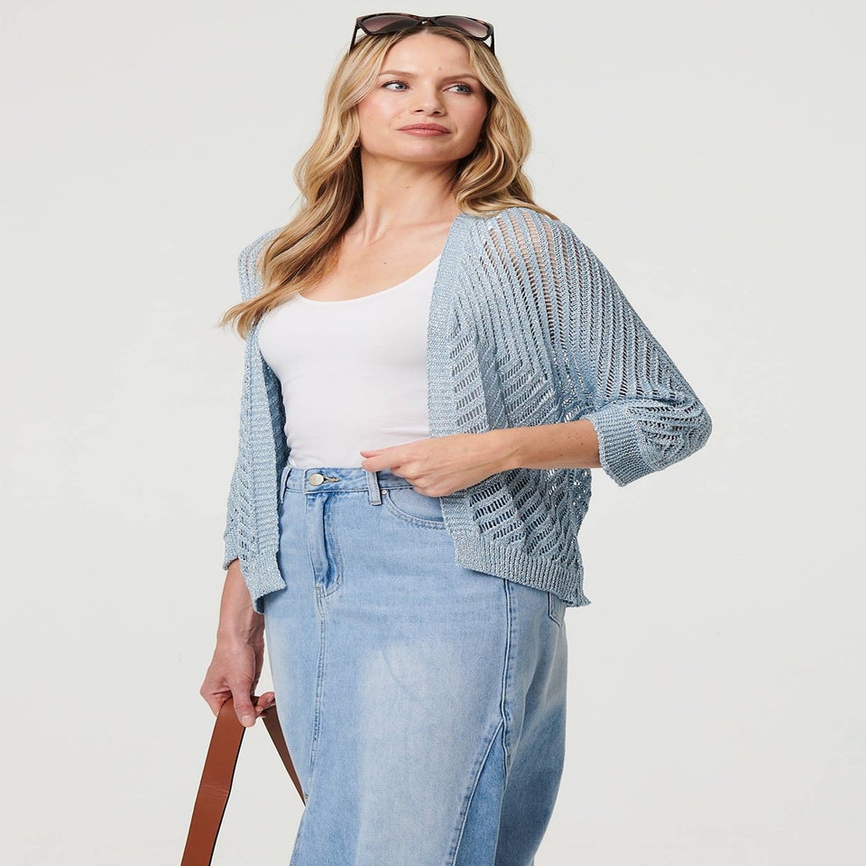 Izabel London Blue Sheer Mesh Texture 3/4 Sleeve Cardigan