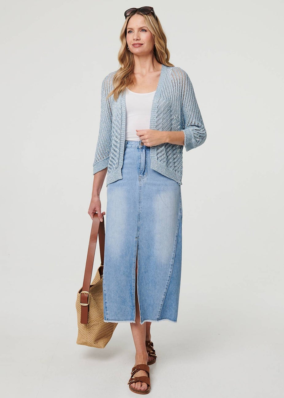 Izabel London Blue Sheer Mesh Texture 3/4 Sleeve Cardigan