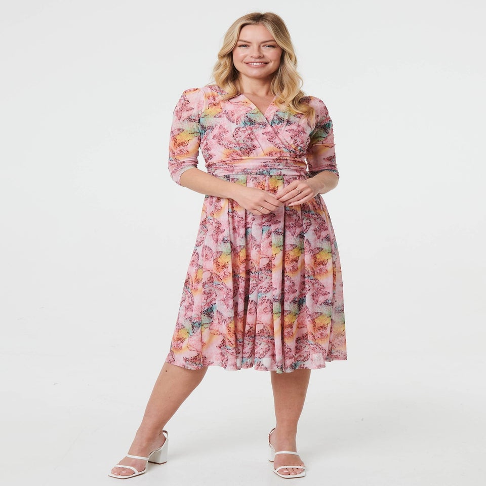 Izabel London Pink Printed 3/4 Sleeve Wrap Midi Dress