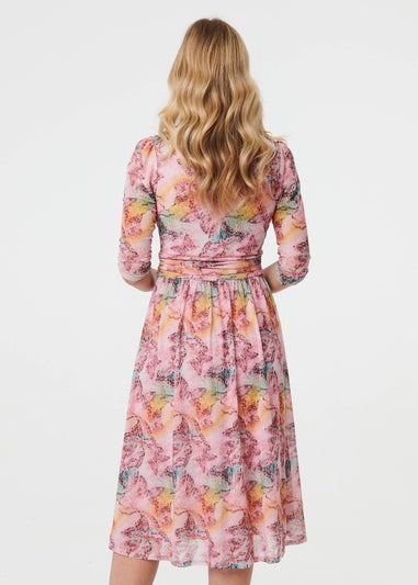 Izabel London Pink Printed 3/4 Sleeve Wrap Midi Dress