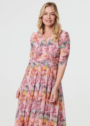 Izabel London Pink Printed 3/4 Sleeve Wrap Midi Dress