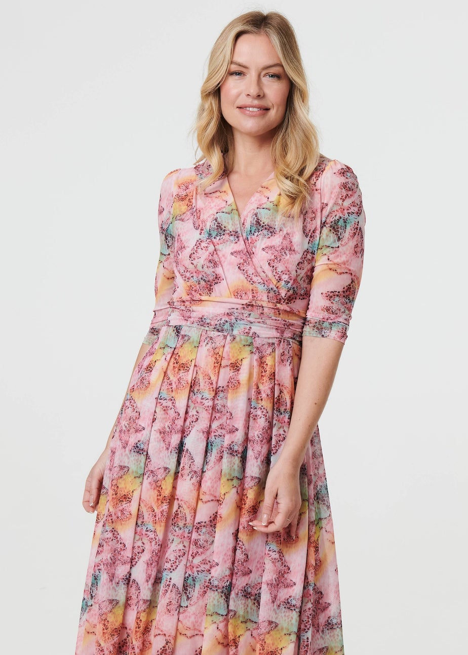 Izabel London Pink Printed 3/4 Sleeve Wrap Midi Dress