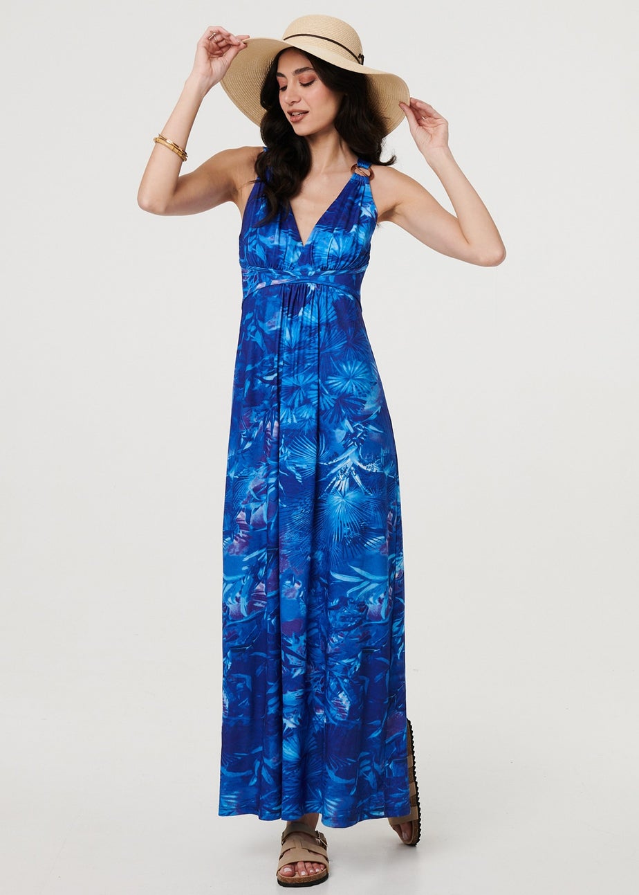 Izabel London Blue Tropical Print Strap Empire Maxi Dress