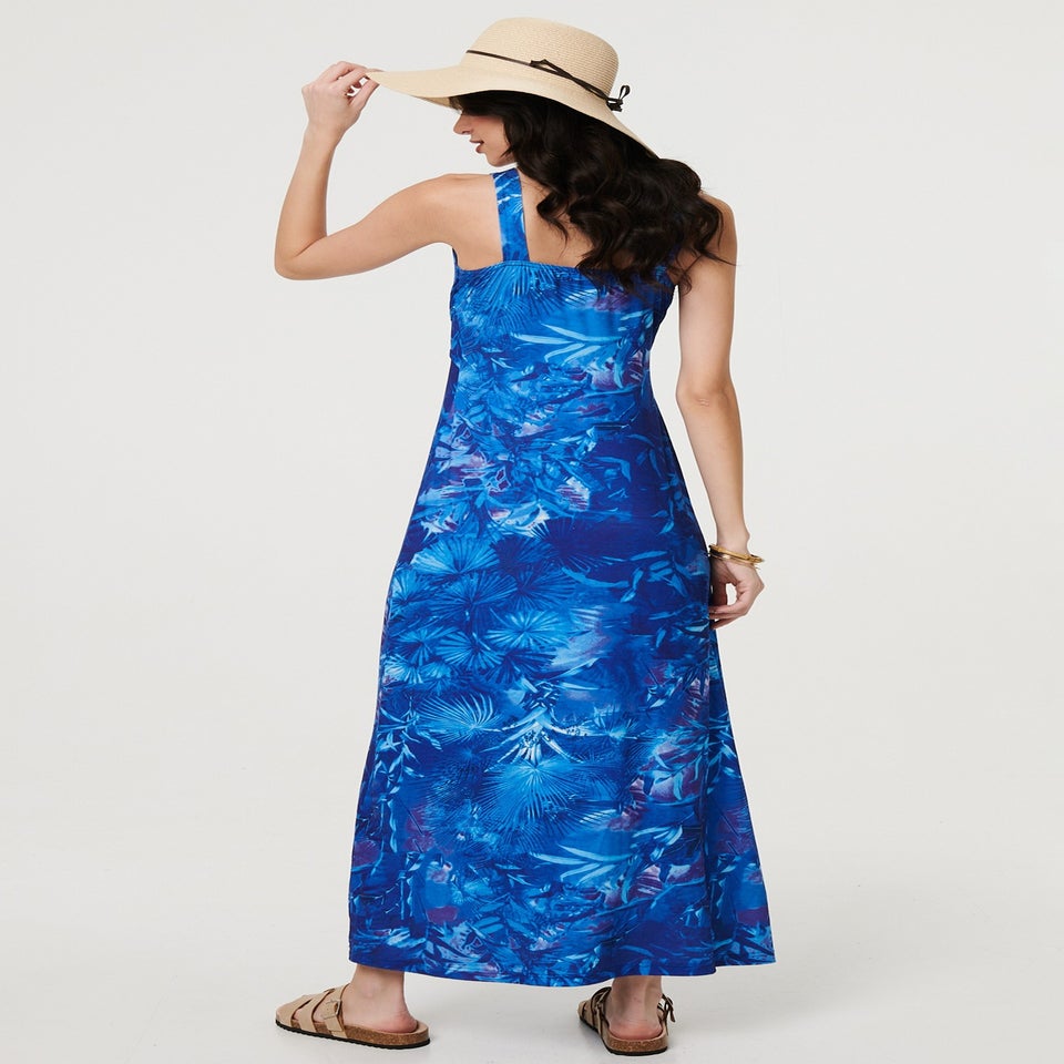 Izabel London Blue Tropical Print Strap Empire Maxi Dress