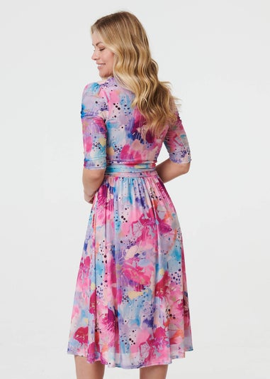 Izabel London Pink Abstract 3/4 Sleeve Midi Wrap Dress