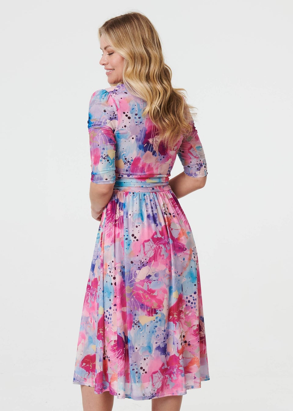 Izabel London Pink Abstract 3/4 Sleeve Midi Wrap Dress