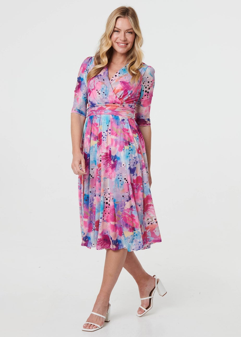 Izabel London Pink Abstract 3/4 Sleeve Midi Wrap Dress