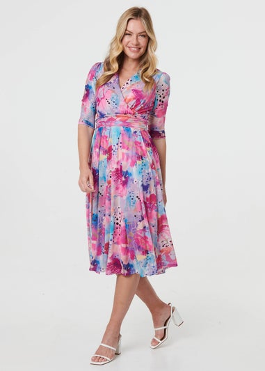 Izabel London Pink Abstract 3/4 Sleeve Midi Wrap Dress