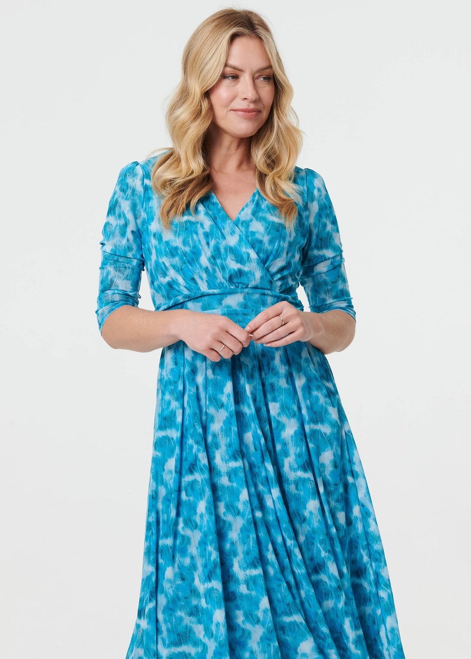 Izabel London Teal Printed 3/4 Sleeve Midi Faux Wrap Dress