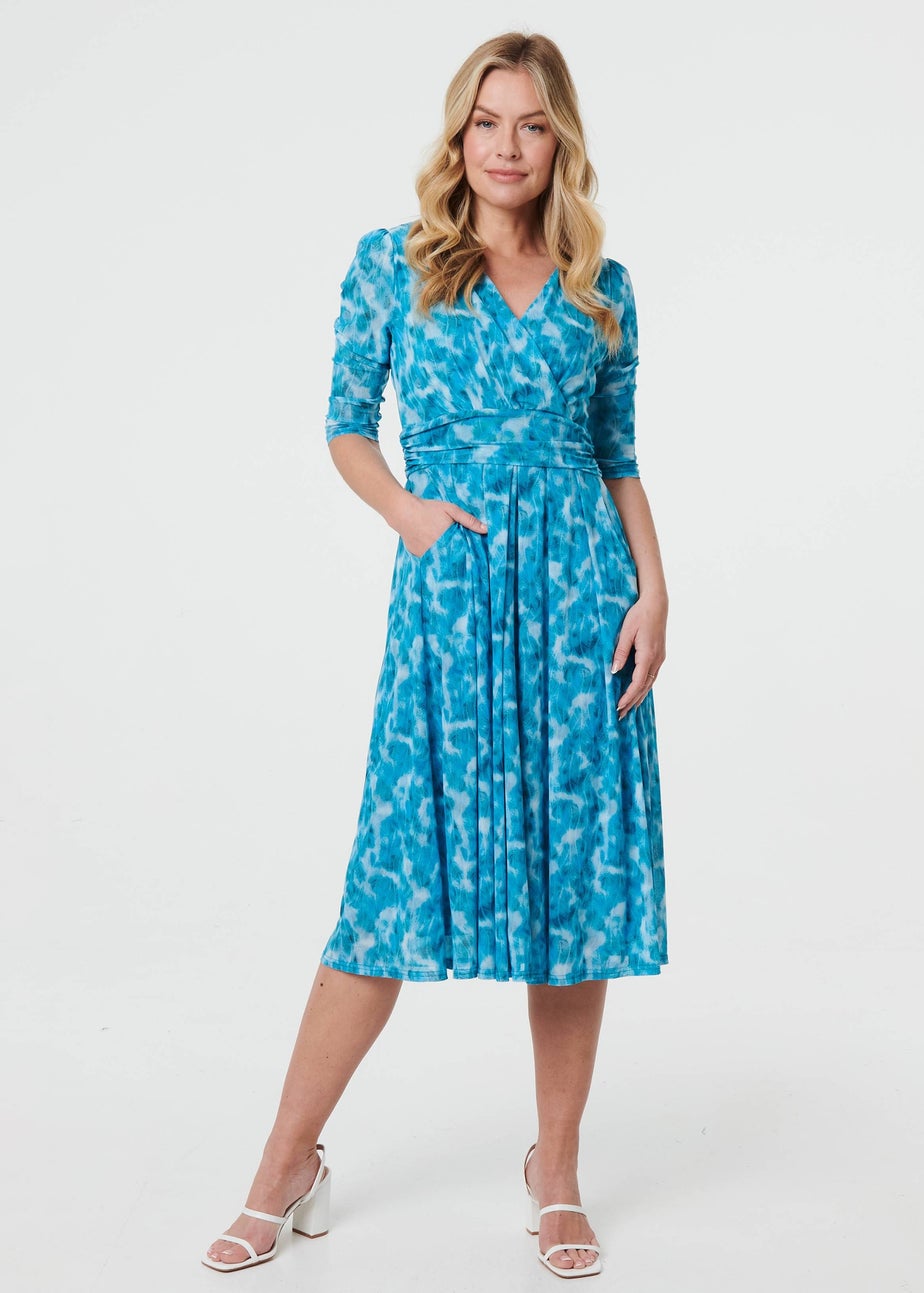 Izabel London Teal Printed 3/4 Sleeve Midi Faux Wrap Dress