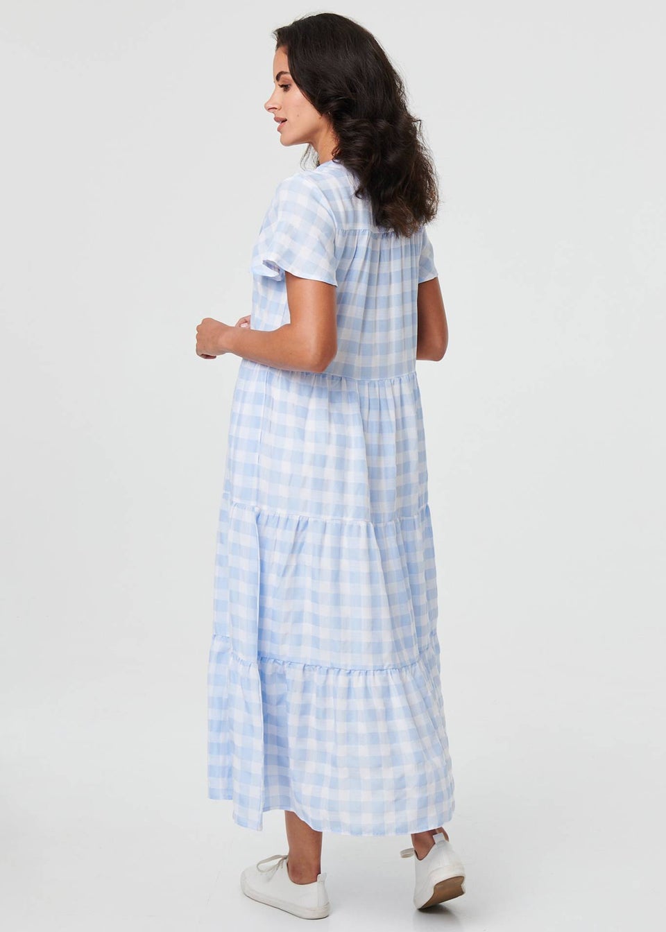 Izabel London Blue Checked Short Sleeve Tiered Maxi Dress