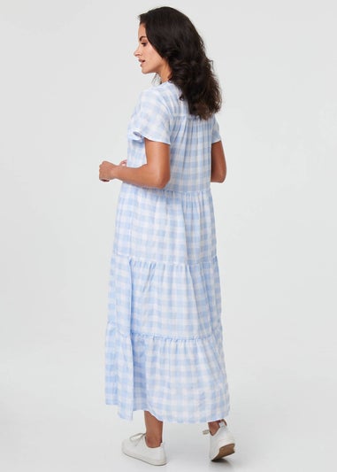 Izabel London Blue Checked Short Sleeve Tiered Maxi Dress