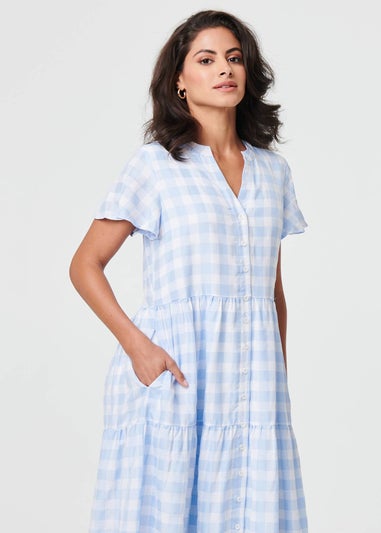Izabel London Blue Checked Short Sleeve Tiered Maxi Dress