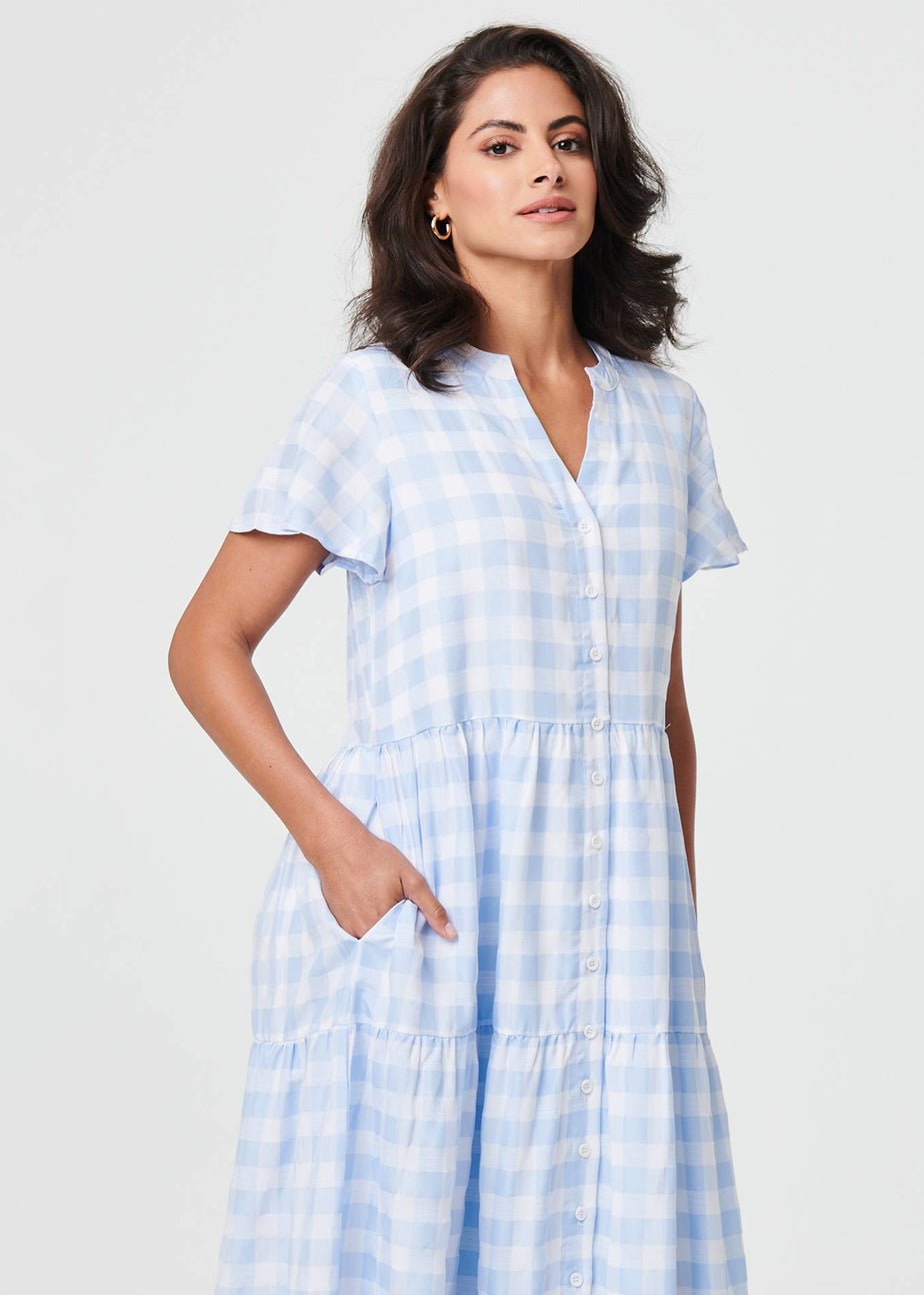 Izabel London Blue Checked Short Sleeve Tiered Maxi Dress