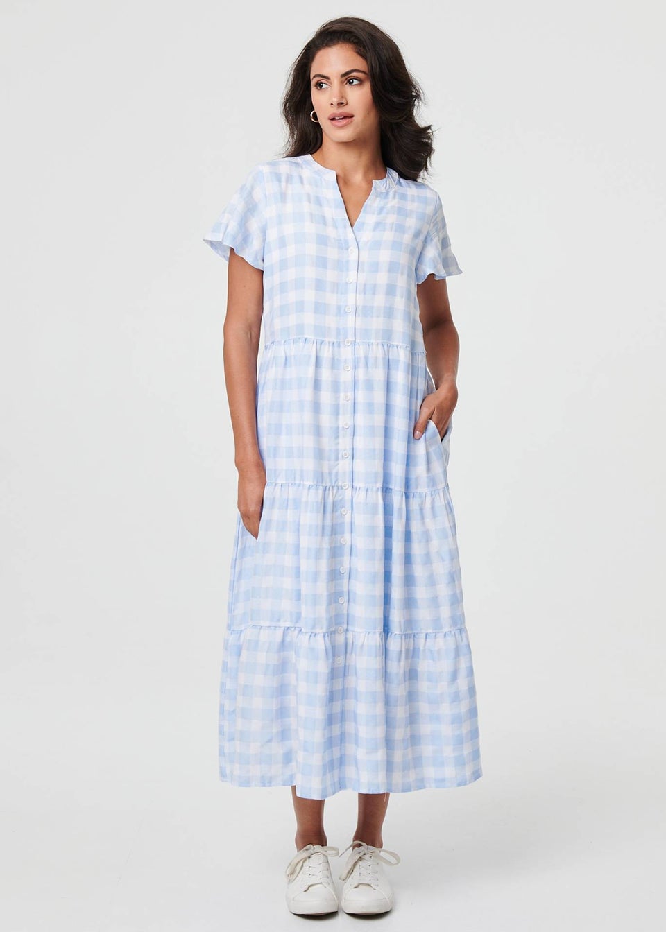 Izabel London Blue Checked Short Sleeve Tiered Maxi Dress