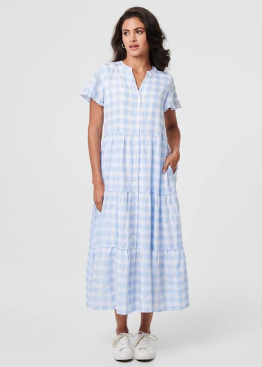 Izabel London Blue Checked Short Sleeve Tiered Maxi Dress