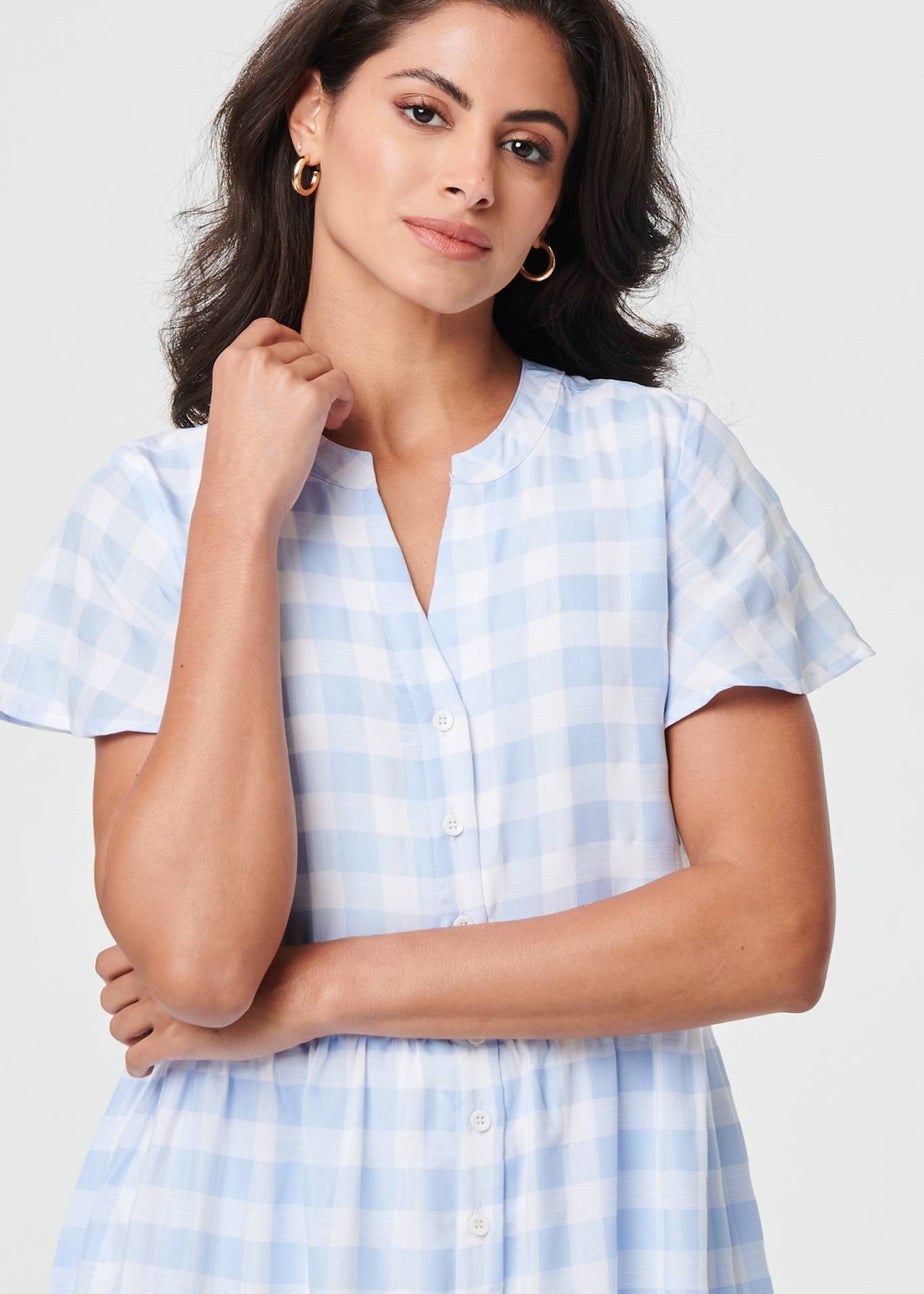 Izabel London Blue Checked Short Sleeve Tiered Maxi Dress