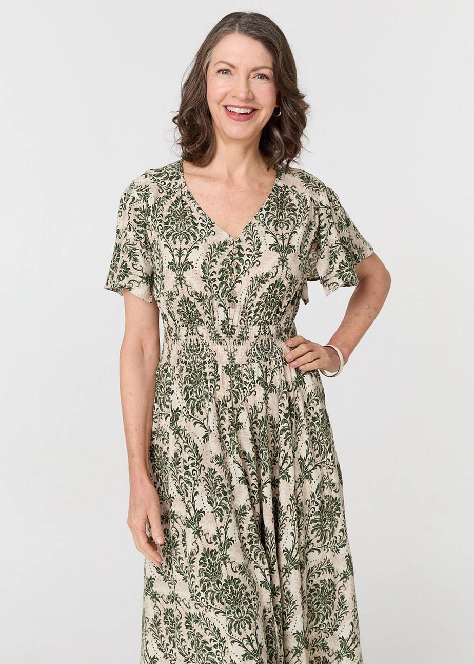 Izabel London Green Printed Smocked Short Sleeve Midi Dress