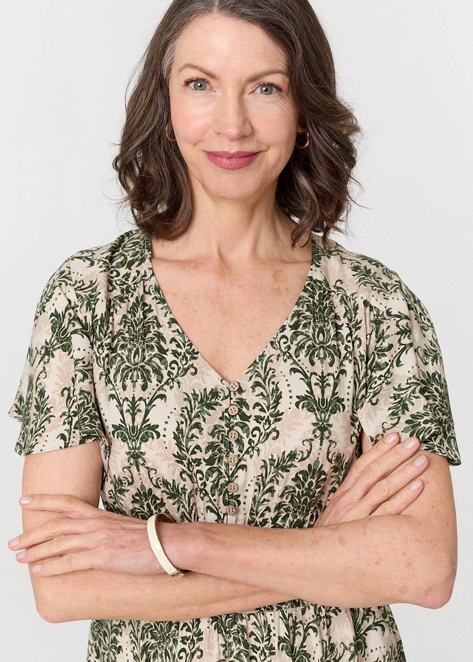 Izabel London Green Printed Smocked Short Sleeve Midi Dress