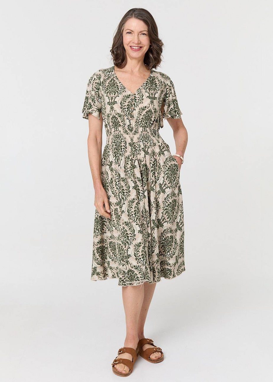 Izabel London Green Printed Smocked Short Sleeve Midi Dress