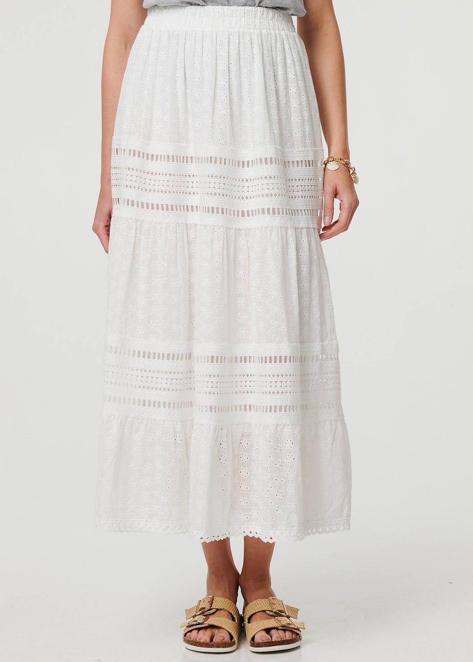 Izabel London White Lace Trim High Waist Tiered Maxi Skirt