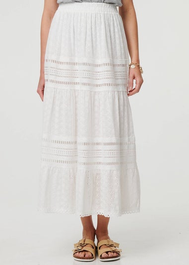 Izabel London White Lace Trim High Waist Tiered Maxi Skirt