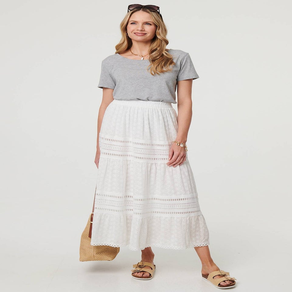 Izabel London White Lace Trim High Waist Tiered Maxi Skirt