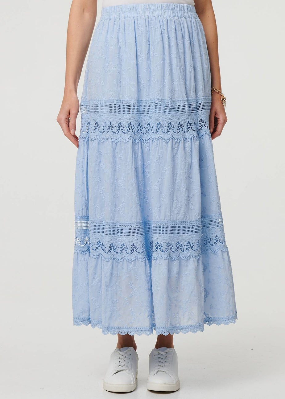 Izabel London Blue Embroidered High Waist Tiered Maxi Skirt