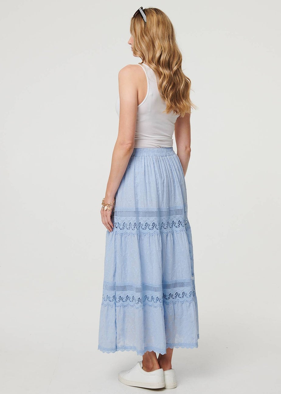Izabel London Blue Embroidered High Waist Tiered Maxi Skirt