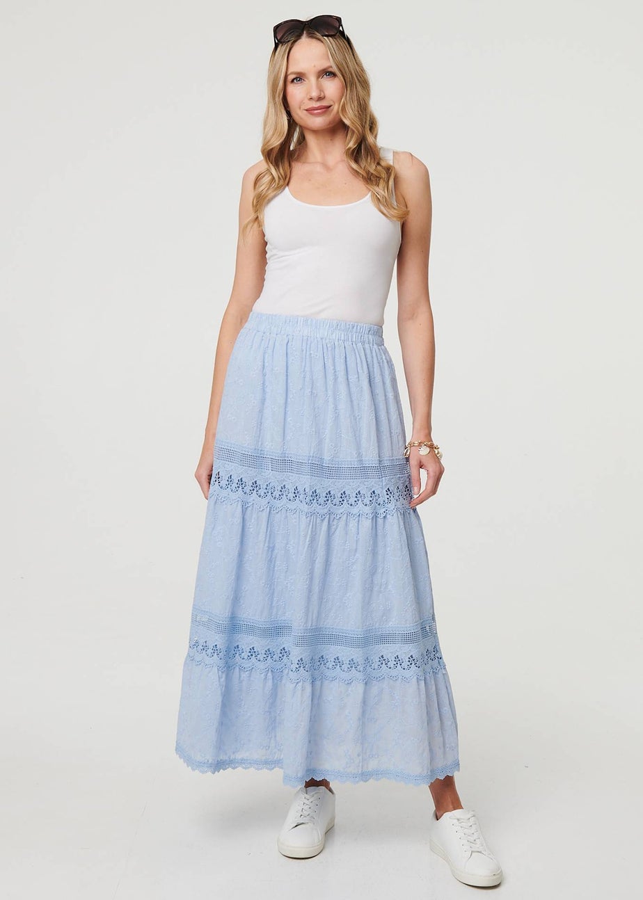 Izabel London Blue Embroidered High Waist Tiered Maxi Skirt