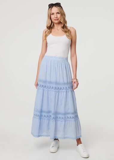 Izabel London Blue Embroidered High Waist Tiered Maxi Skirt