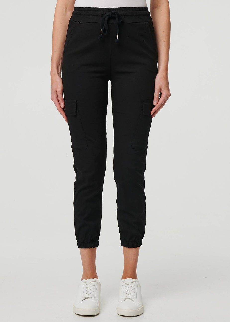 Izabel London Black High Waist Slim Fit Cropped Cargo Pants