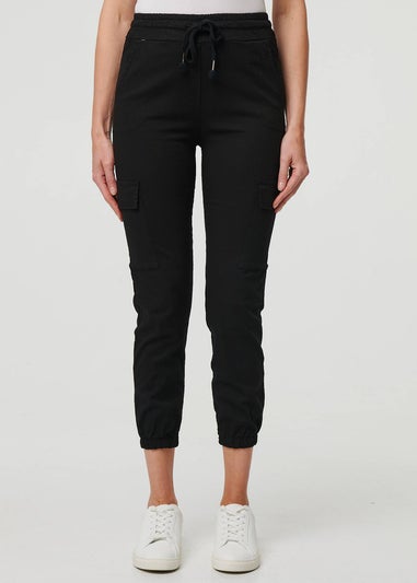 Izabel London Black High Waist Slim Fit Cropped Cargo Pants