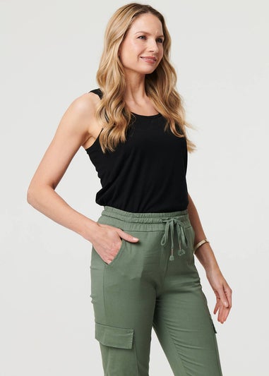 Izabel London Khaki High Waist Slim Fit Cropped Cargo Pants
