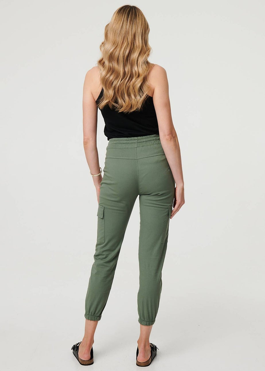 Izabel London Khaki High Waist Slim Fit Cropped Cargo Pants