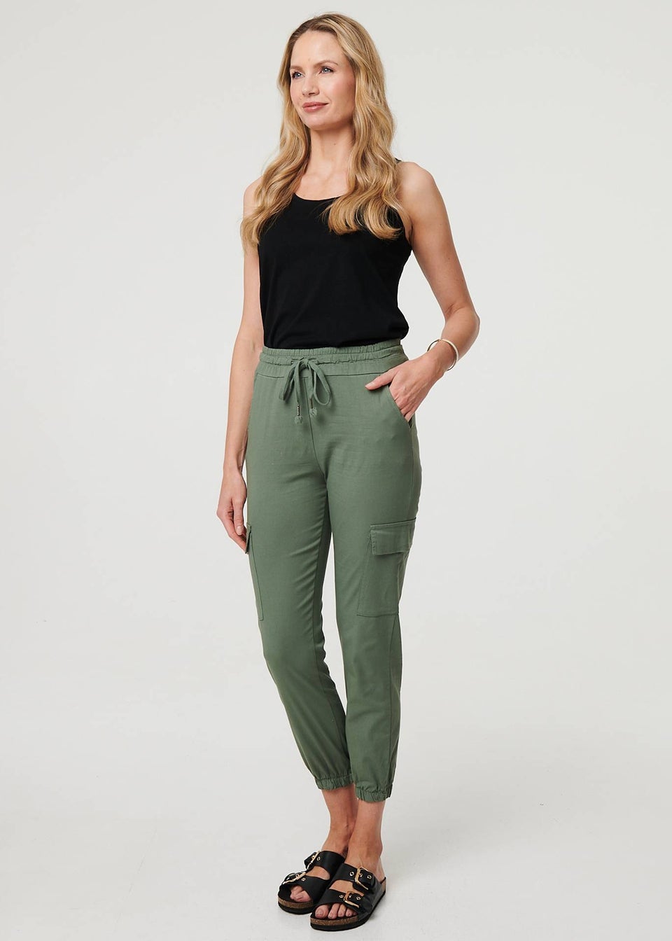Izabel London Khaki High Waist Slim Fit Cropped Cargo Pants