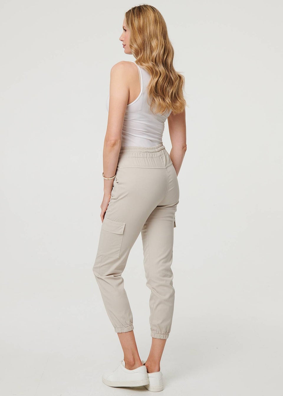 Izabel London Cream High Waist Slim Fit Cropped Cargo Pants