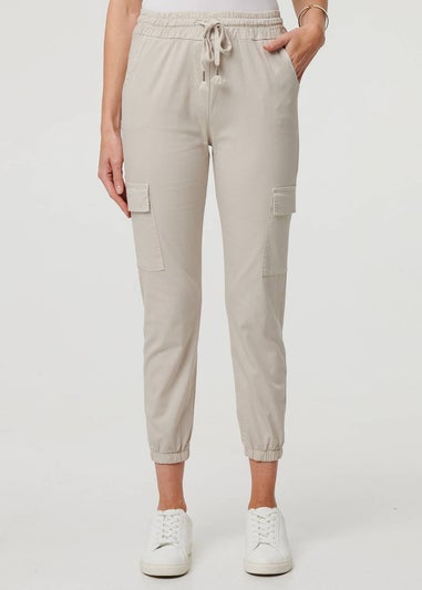 Izabel London Cream High Waist Slim Fit Cropped Cargo Pants