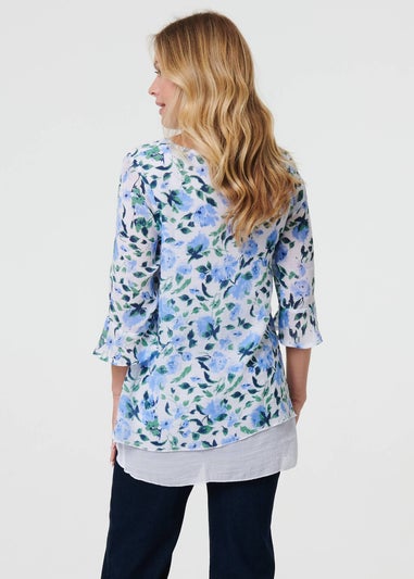 Izabel London Blue Floral Layered 3/4 Sleeve Tunic Top