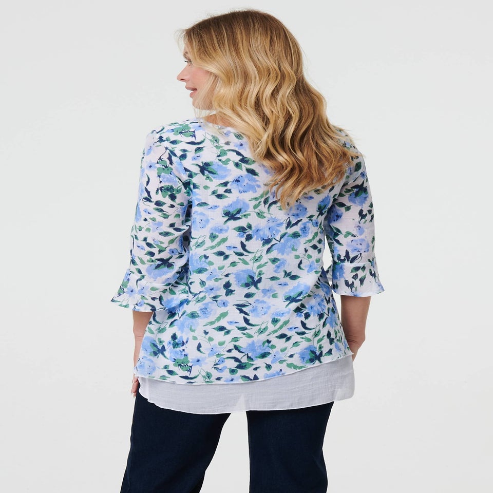 Izabel London Blue Floral Layered 3/4 Sleeve Tunic Top