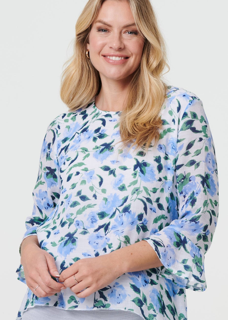 Izabel London Blue Floral Layered 3/4 Sleeve Tunic Top