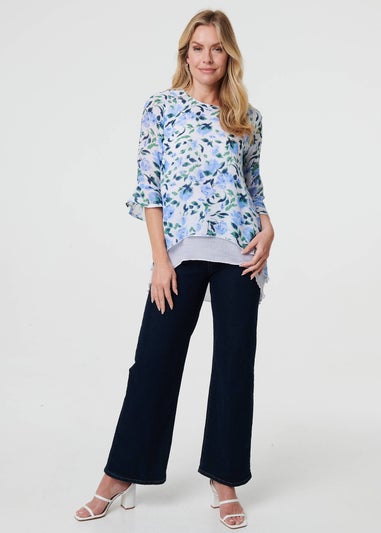 Izabel London Blue Floral Layered 3/4 Sleeve Tunic Top
