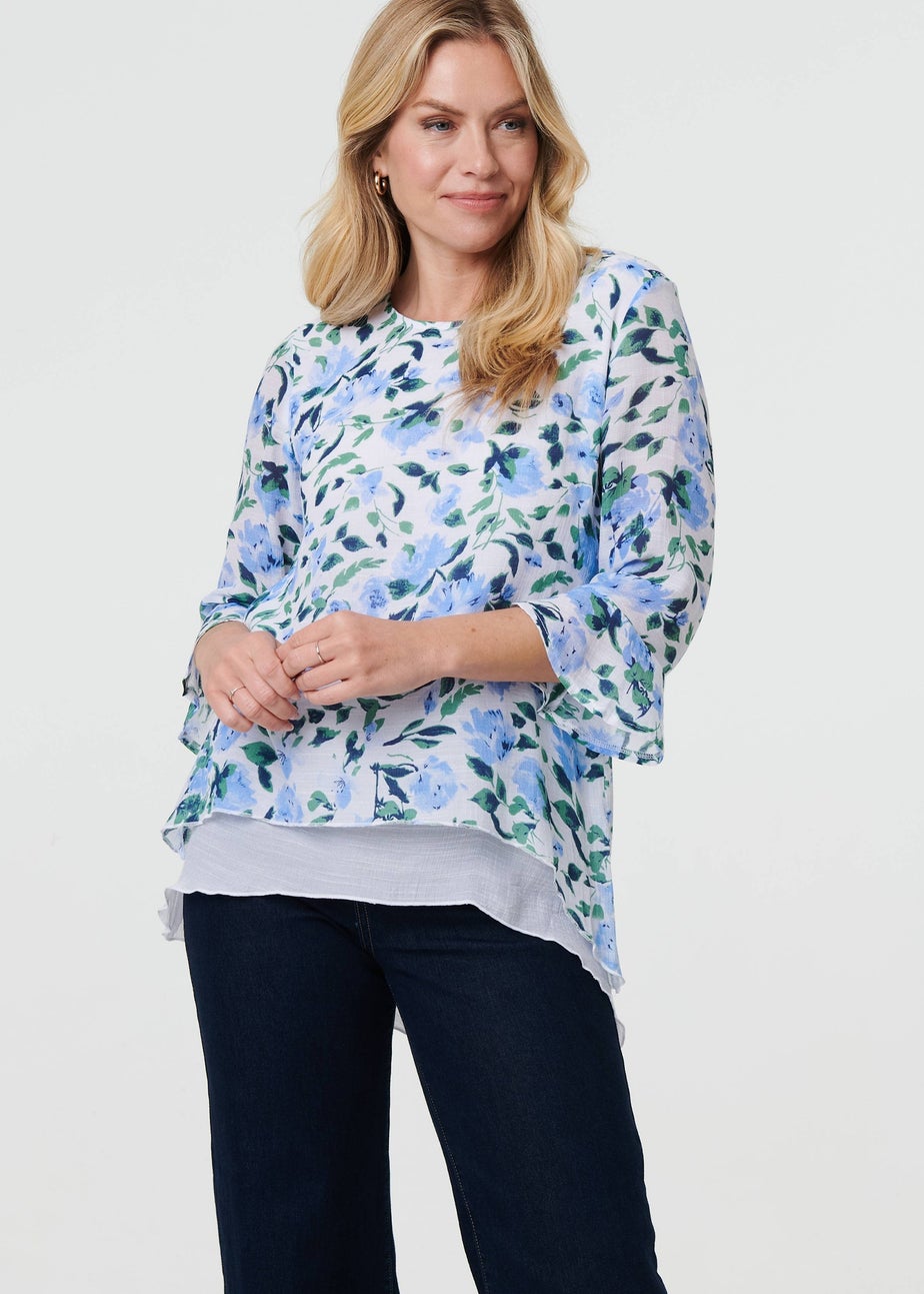 Izabel London Blue Floral Layered 3/4 Sleeve Tunic Top