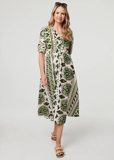 Izabel London Green Printed 1/2 Sleeve A-Line Midi Dress