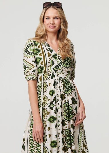 Izabel London Green Printed 1/2 Sleeve A-Line Midi Dress